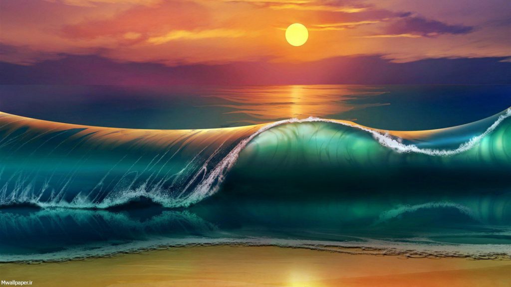 عکس پس زمینه ترکیب چشم نواز موج دریا و غروب آفتاب