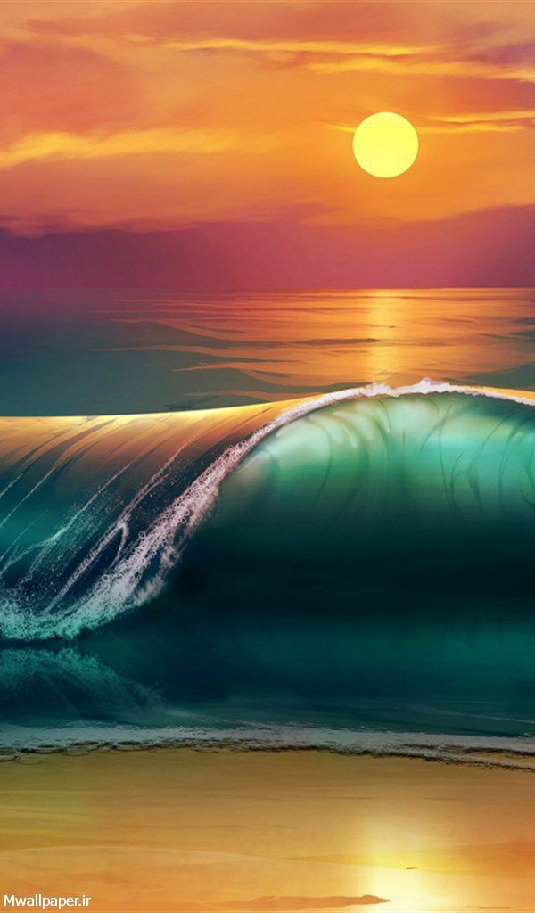 والپیپر موبایل ترکیب چشم نواز موج دریا و غروب آفتاب