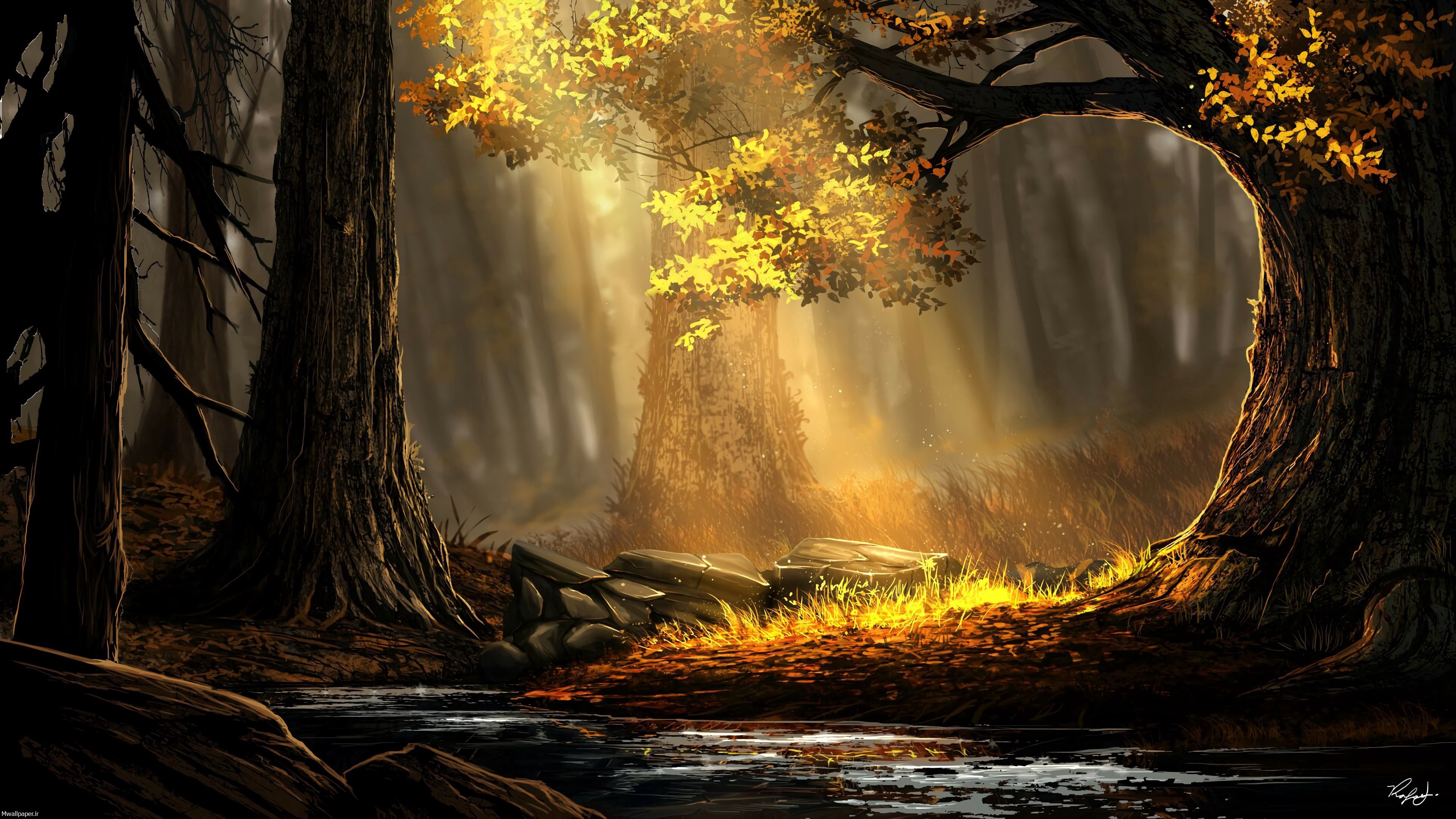 نقاشی با کیفیت جنگل در پاییز